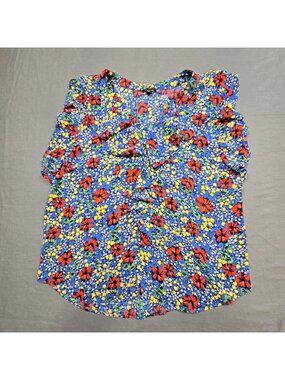 Ann Taylor Large Floral Sleeveless Top Blue Red Yellow Tropical Polyester